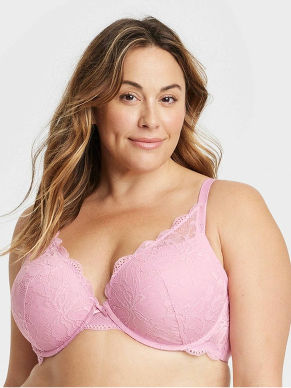 BNWT Auden Baby Pink Floral Lace Push Up Plunge Coverage Underwire Bra 38DD Glam